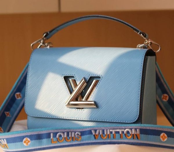 Replica Louis Vuitton Epi Leather Twist MM Bag With Jacquard Strap In Bleuet Blue