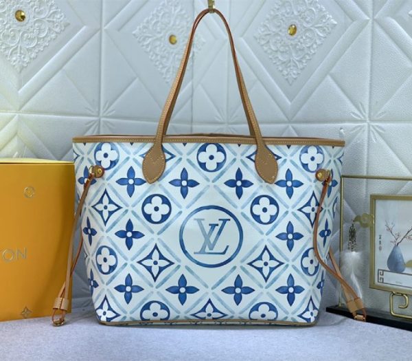 Replica Louis Vuitton LV By The Pool Monogram Tiles Canvas Neverfull MM Tote In Lagoon Blue