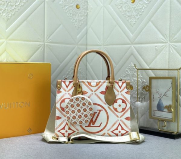 Replica Louis Vuitton LV By The Pool Monogram Tiles Canvas Onthego PM Tote In Coral